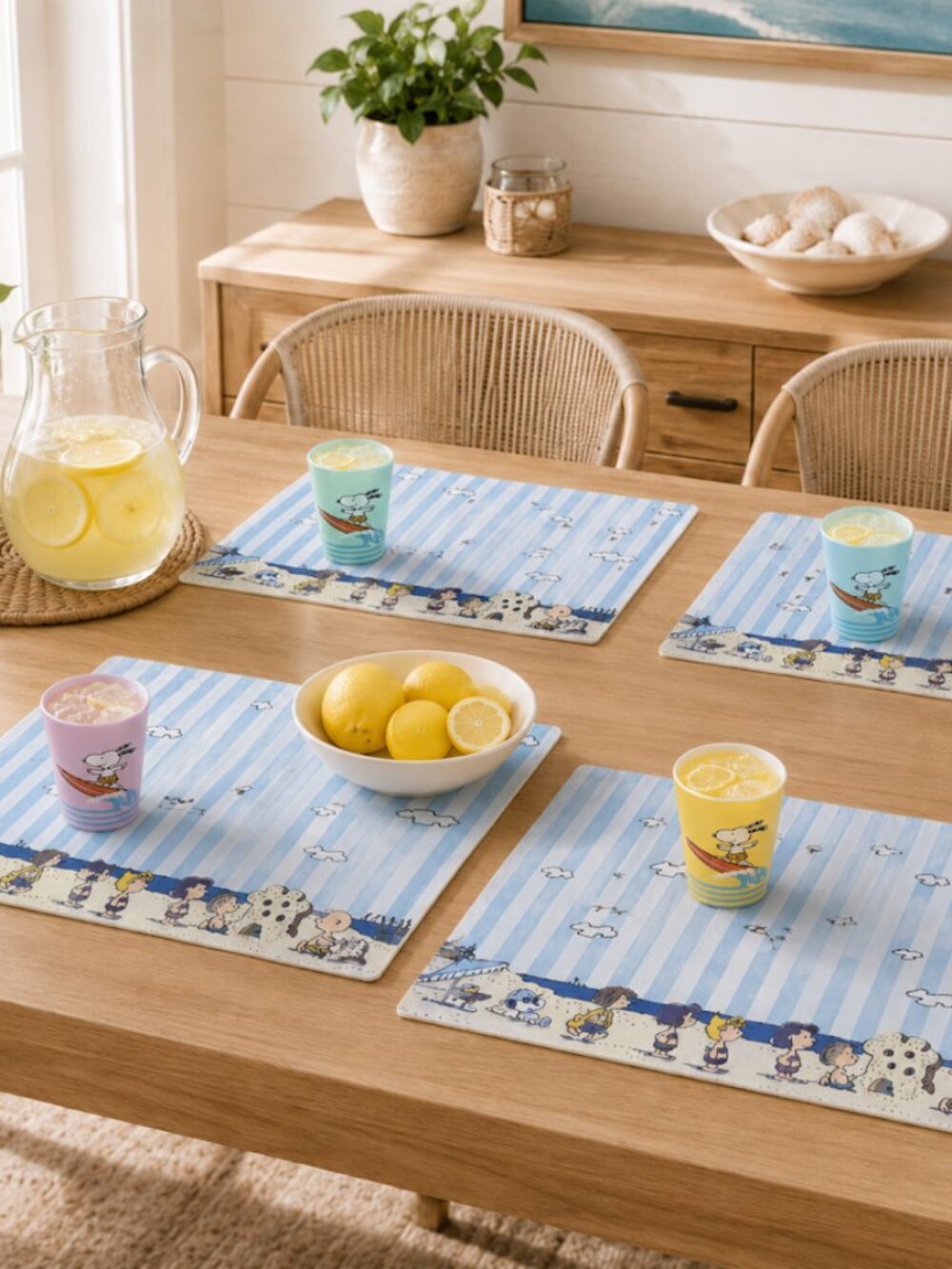 Peanuts Summer Placemat & Cup Set | 4 Placemats + 4 Kids Cups | Snoopy Beach Tab